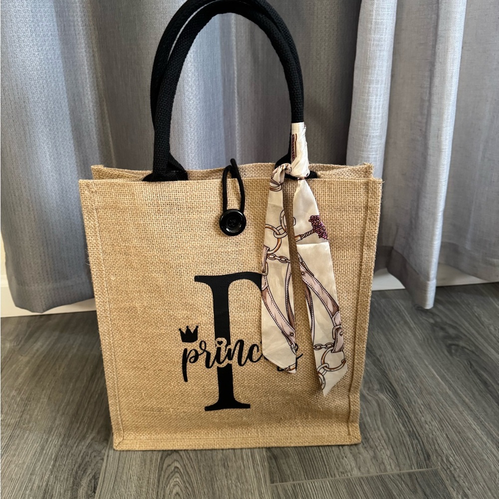 Elegant Tan Tote Bag with Scarf Accent 14” x 12.5”